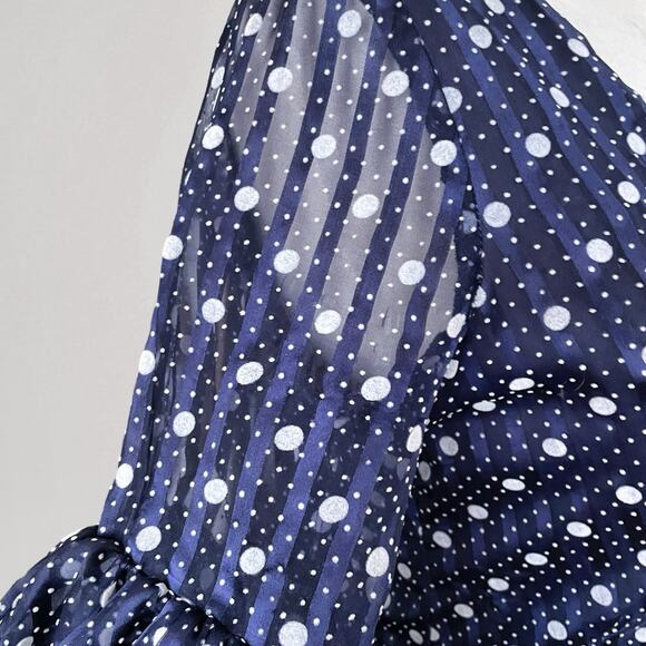 70s Maxi Dress Navy Polka Dot Ruffle Cottagecore Prairie Peasant Festival Boho - Picture 7 of 10